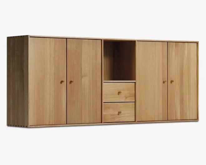 Reolopstilling med døre og skuffer oileret eg