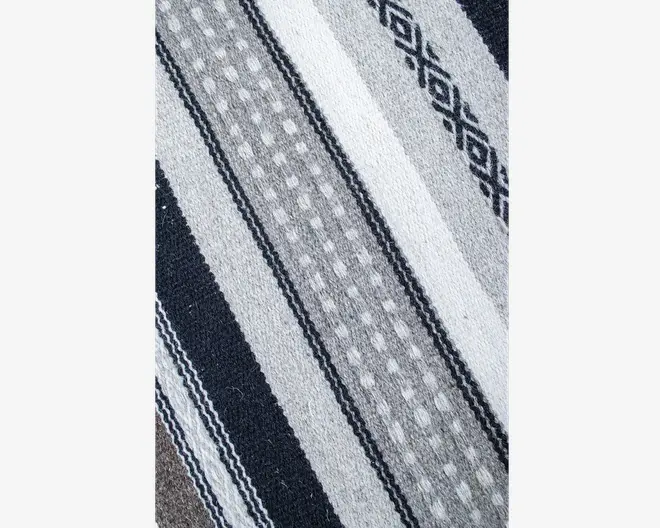 Et nærbillede af et vævet tekstil med horisontale striber i sort, grå og hvid. Mønsteret indeholder både ensfarvede striber, prikmønstre og geometriske diamantmotiver. Stoffet ser tykt og slidstærkt ud med en let grov overflade.