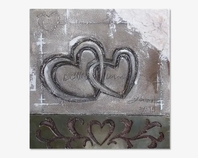 Maleri 2 hjerter grå 80x80 cm