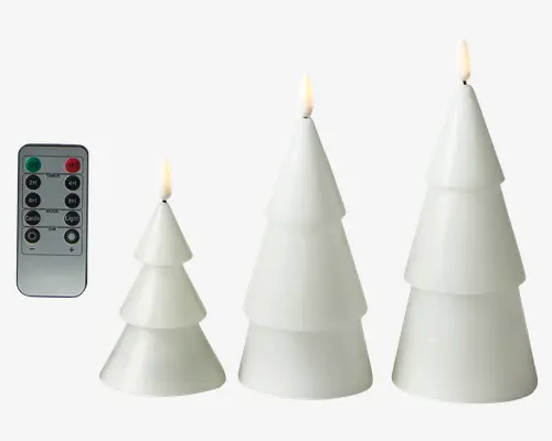 Sæt med tre hvide LED-lys formet som lagdelte juletræer i små, mellemstore og store størrelser. Hvert lys har en realistisk flammeeffekt i toppen. Sættet inkluderer en fjernbetjening med flere timerindstillinger (2T, 4T, 6T, 8T), justering af lysstyrke samt valg mellem stearinlys- eller konstant lysfunktion. Lysene har en glat, mat overflade og et moderne, minimalistisk design.