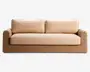 Sofa med ramme i fletlook og brede, firkantede armlæn. Har tykke, beige sæde- og ryghynder for ekstra komfort. Hynderne er aftagelige og har et glat, tekstureret stof. Det samlede design er moderne og egner sig til både indendørs og udendørs brug.