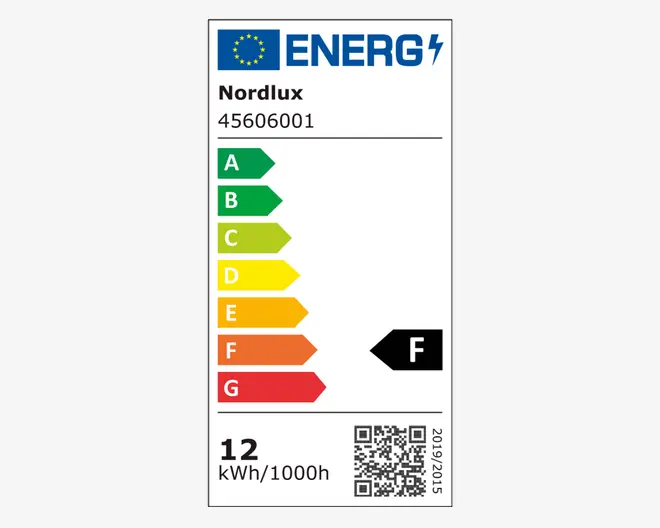 Billedet viser et EU-energimærke for et Nordlux-produkt med modelnummer 45606001. Energieffektiviteten er klassificeret som F, hvilket vises med en sort pil, der peger på bogstavet F på en farveskala fra A (grøn, mest effektiv) til G (rød, mindst effektiv). Mærket angiver også et energiforbrug på 12 kWh pr. 1000 timer og indeholder en QR-kode til yderligere information.