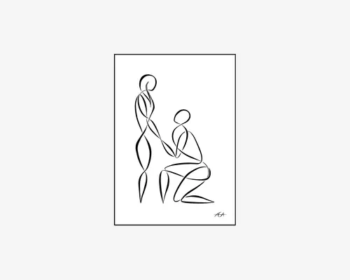 Minimalistisk stregtegning, der viser to abstrakte menneskefigurer. Den ene figur står op, mens den anden knæler, begge tegnet med glatte, sammenhængende sorte linjer på en hvid baggrund. Designet fremhæver enkelhed og elegance uden ansigtstræk eller detaljeret anatomi, hvilket giver et moderne og stilrent udtryk.