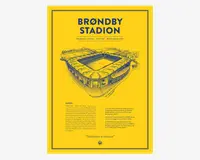 Plakat med gul baggrund og blå detaljer, der viser en detaljeret stregtegning af et fodboldstadion i isometrisk perspektiv. Øverst på plakaten står navnet 'BRØNDBY STADION' med store blå bogstaver, efterfulgt af oplysninger om placering, åbningsdato og kapacitet. Nederst er der en kort historietekst om stadionet med små blå bogstaver samt et citat på dansk. Designet er enkelt og moderne med tydelig kontrast mellem de gule og blå farver.