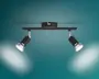 Sort loftmonteret spotlampe med to lyskilder, en slank vandret skinne, rund midterdel og to justerbare, vinklede lampehoveder med sølvdetaljer.