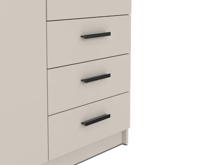 Nærbillede af tre skuffer med en glat, mat lysebeige overflade. Hver skuffe har et lige, rektangulært sort greb med et moderne, minimalistisk design. Skuffernes kanter er rene og skarpe, og den samlede konstruktion fremstår solid og veludført.