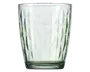 Klar glas tumbler med en let grønlig tone, prydet med et geometrisk diamantmønster præget på ydersiden. Glasset har en tyk, robust bund og lige sider, hvilket giver et behageligt greb og et moderne, elegant udseende.