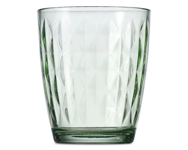 Klar glas tumbler med en let grønlig tone, prydet med et geometrisk diamantmønster præget på ydersiden. Glasset har en tyk, robust bund og lige sider, hvilket giver et behageligt greb og et moderne, elegant udseende.