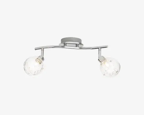 Moderne loftlampe med poleret kromfinish. Lampen har to kugleformede glasskærme med en tekstureret, iskrakeleret effekt, hver monteret for enden af en let buet metalstang. Lampen er designet til montering direkte på loftet og giver et elegant og tidssvarende udtryk, der passer til mange forskellige rum.