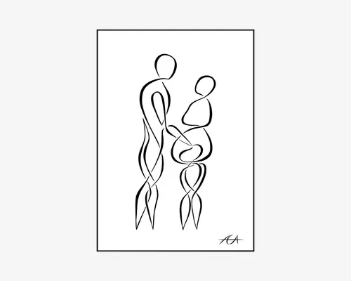Minimalistisk stregtegning, der viser to abstrakte menneskefigurer, som står tæt sammen. Linjerne er glatte og flydende, hvor den ene figur fremstår højere, og den anden har en rund mave, hvilket antyder graviditet. Figurerne holder hinanden i hånden, hvilket udtrykker forbindelse og intimitet. Kunstværket er sort på hvid baggrund med en signatur i nederste højre hjørne.