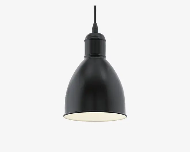 Sort pendellampe med glat, mat finish og klassisk klokkeformet skærm. Lampens inderside er hvid for at forbedre lysrefleksionen. Lampen hænger i en sort ledning og har et enkelt, moderne design, der passer til mange forskellige indretninger.