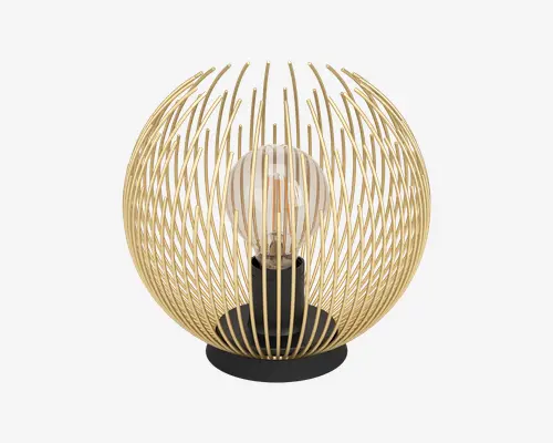 En dekorativ lampe med et kugleformet åbent burdesign lavet af tynde, guldfarvede metalstænger. Stængerne er arrangeret i et krydsmønster, der danner en globusform omkring en central, synlig pære. Basen er rund og sort, hvilket giver en moderne kontrast til det gyldne bur. Lampen har et moderne og elegant udseende, der passer til nutidige indretninger.
