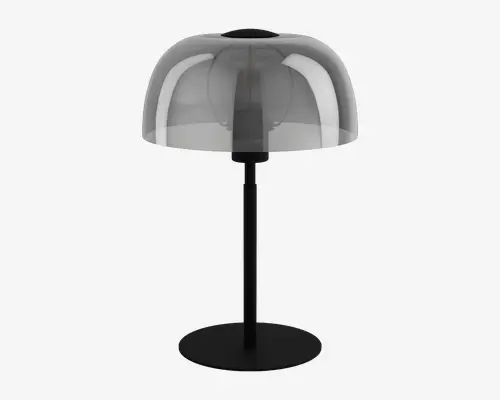 En moderne bordlampe med en rund, flad sort fod og en lige sort stang. Lampen har en kuppelformet, halvgennemsigtig skærm i røgfarvet glas, der dækker pæren og giver et stilrent og moderne udtryk. Designet er minimalistisk med rene linjer og en glat overflade.