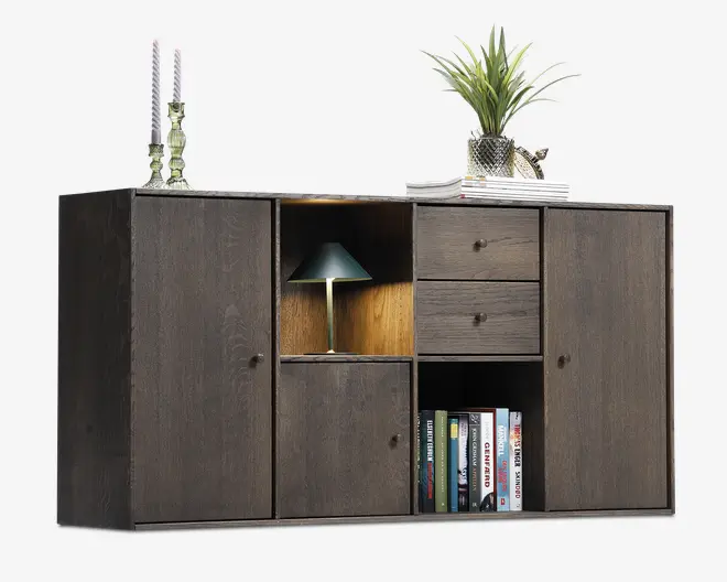 Reolopstilling med døre og skuffer røget eg