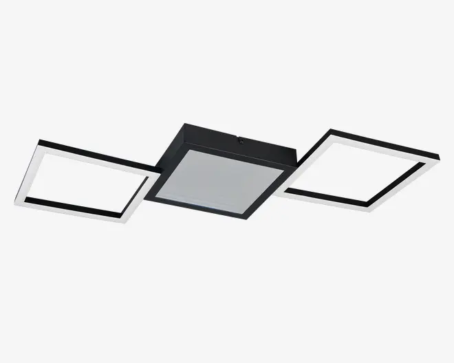 Moderne loftlampe med en central sort, kvadratisk base og matteret diffuser, der giver blødt lys. To åbne, geometriske kvadratiske rammer strækker sig ud fra hver side af basen, begge med integrerede LED-lys langs de indvendige kanter, hvilket giver et nutidigt og kunstnerisk udtryk. Lampen kombinerer mat sort og hvid finish for en markant kontrast, velegnet til minimalistiske eller moderne indretninger.
