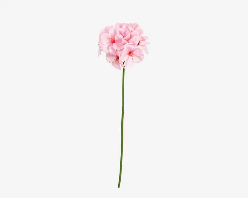 En enkelt kunstig blomsterstilk med en klase af bløde lyserøde kronblade, der har diskrete mørkere rosa centre. Kronbladene er samlet i en rund, fyldig blomstring øverst på en lang, slank grøn stilk. Stilken er lige og glat uden synlige blade eller ekstra udsmykning.