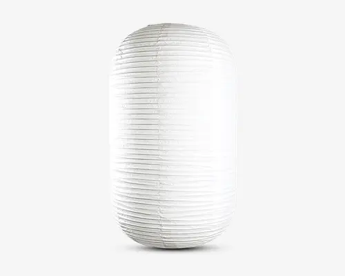 Cylindrisk hvid papirlanterne med ribbet struktur, dannet af jævnt fordelte horisontale metaltråde. Overfladen er glat og uigennemsigtig, hvilket giver et blødt, diffust lys, når den er oplyst. Lanternen har et enkelt og minimalistisk design, der passer til mange forskellige indretninger.