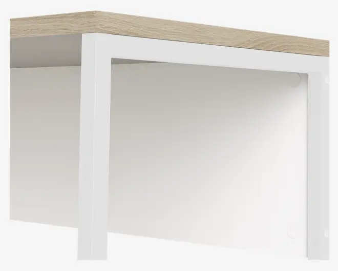 Nærbillede af et møbel med en lys træbordplade og en hvid metalramme. Designet er moderne og minimalistisk med rene linjer og en glat overflade. Undersiden har en solid hvid plade for ekstra stabilitet.