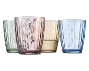 Sæt med fire drikkeglas, hver med et facetslebet diamantmønster på overfladen. Glassene er lavet af farvet glas i pastelfarver: lysegrøn, lyserød, gul og blå. Hvert glas har en let konisk form, bredere foroven og smallere forneden, med en tyk og solid bund.