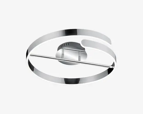 Moderne loftlampe med et elegant, cirkulært design. Lampen har en poleret kromfinish og en integreret LED-stribe, der danner en sammenhængende ring for et nutidigt og minimalistisk udtryk. Monteret på en rund base med en glat, reflekterende overflade for et stilfuldt udseende.