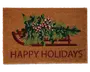 Rektangulært dørmåtte af kokosfiber med et festligt motiv af en rød slæde, der bærer grønne julegrene bundet med en rød- og hvidstribet sløjfe. Nederst står teksten 'HAPPY HOLIDAYS' med store røde bogstaver. Måtten har en naturlig brun baggrund og en tekstureret overflade, der hjælper med at fjerne snavs fra sko.