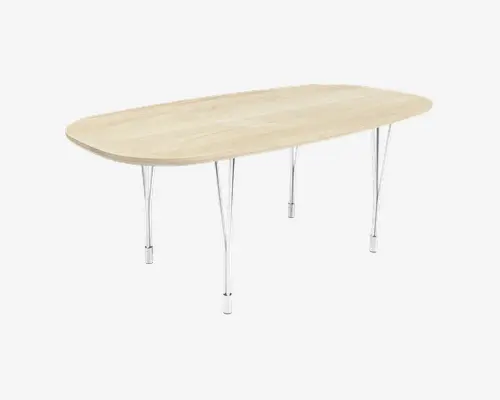 Ovalt bord med en lys træbordplade og blødt afrundede kanter. Bordet understøttes af seks slanke, skråtstillede metalben med blank kromfinish, hvilket giver et moderne og let udtryk. Bordpladen er glat og rummelig, velegnet til spisning eller møder.