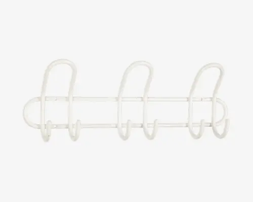Et vægmonteret stativ lavet af metal med hvid finish, der har tre store, buede kroge jævnt fordelt langs en vandret stang. Krogene er designet til at holde genstande sikkert og har et moderne, minimalistisk udseende. Stativet har afrundede ender og en glat overflade, velegnet til organisering eller ophængning af forskellige ting.