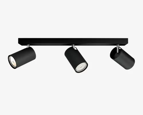 Sort skinnespot med tre justerbare cylindriske spotlamper, hver vinklet forskelligt, med mat sort finish og hvide inderskærme.
