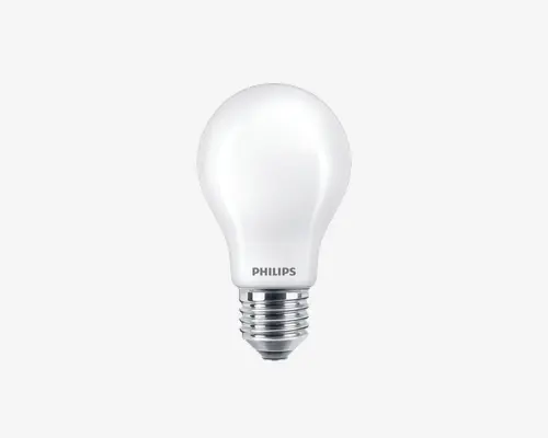 Mat glas pære med standard A-form og E27 skruefatning. Pæren har en glat, rund overflade og en metal skruefod i bunden. Mærket 'Philips' er trykt nær soklen. Velegnet til almindelig belysning.
