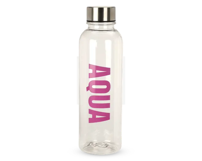 Klar cylindrisk flaske med et metallisk skruelåg, hvor ordet 'AQUA' er trykt lodret med fed pink skrift på siden. Flasken har en glat overflade og en bred åbning, der gør det nemt at fylde og rengøre den.