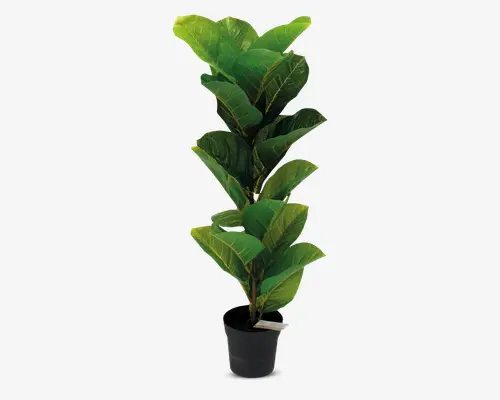 Høj kunstig plante med store, blanke grønne blade, der sidder tæt langs en central stængel. Bladene har tydelige gullige årer og en realistisk tekstur. Planten står i en enkel sort potte, hvilket gør den velegnet som indendørs dekoration.
