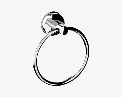 Vægmonteret cirkulær ring med blank kromfinish, designet til at holde håndklæder. Ringen er fastgjort til en rund base med et slankt, moderne udseende. Overfladen er glat og reflekterende, hvilket giver et moderne og rent udtryk.
