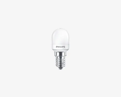 Kompakt LED-pære med mat hvid overflade, afrundet top og metalgevind. Pæren har Philips-logoet og en lille E14-fatning, der passer til mindre lamper. Designet er moderne og minimalistisk, ideel til energieffektiv belysning.