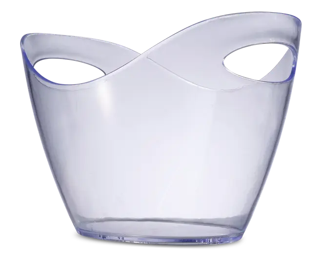 Klar, ovalformet beholder lavet af gennemsigtig plast med glat overflade. Har to integrerede ovale håndtag på modsatte sider for nem transport. Kanten er asymmetrisk, hvor den ene side er højere end den anden, hvilket giver et moderne og stilfuldt udseende.