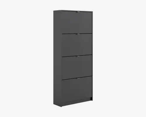 Høj, rektangulær skab med mat mørkegrå finish, udstyret med fire frontvendte klaplåger med slanke, diskrete greb. Designet er minimalistisk og moderne med rene linjer og en glat overflade, velegnet til nutidige indretninger.