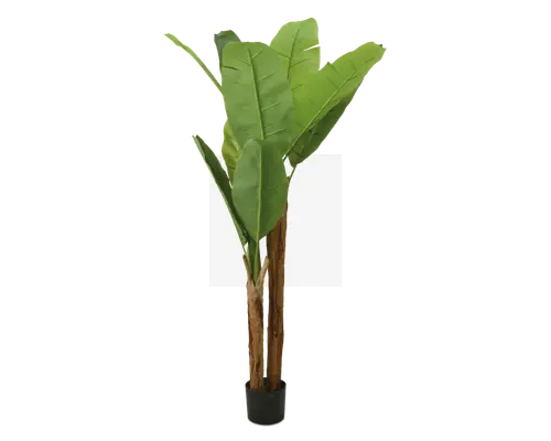 Høj kunstig plante med brede, livlige grønne blade med tydelige årer, fastgjort til flere robuste brune stammer. Planten står i en enkel sort potte, og bladene har en realistisk tekstur og naturlig placering.