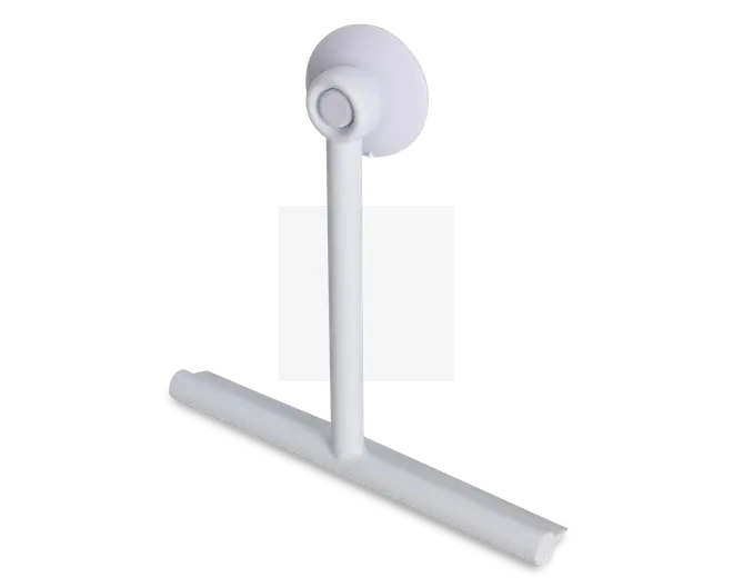 En hvid vinduesskraber med et lige håndtag og en bred, flad skrabeblad. Håndtaget er fastgjort til en rund sugekop, så den kan monteres på glatte overflader for nem opbevaring. Designet er minimalistisk og moderne med en glat overflade og uden synligt logo.
