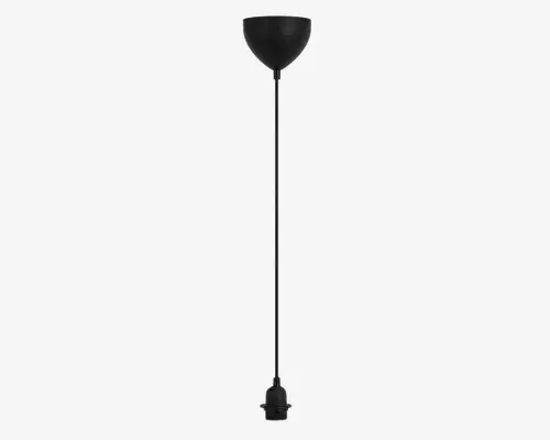 Et langt, slankt redskab med en sort, rund skål i den ene ende og et håndtag i den anden. Skaftet er metalfarvet og lige, designet til at nå ned i dybe beholdere. Skålen er glat og dyb, velegnet til at øse eller servere væsker eller halvflydende mad.