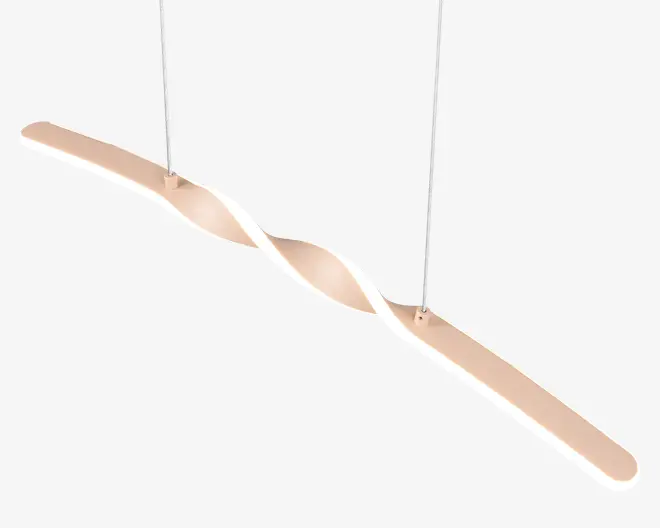 Elegant, moderne pendellampe med en lang, let snoet stang. Lampen hænger ned fra loftet i to tynde, justerbare kabler. Stangen har en glat, mat overflade i en blød beige farve og udsender jævnt lys langs hele undersiden via en diffus lysstribe. Velegnet til moderne spise- eller køkkenområder.
