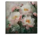 Et maleri med store, blomstrende pæoner med bløde, lagdelte kronblade i nuancer af hvid, sart rosa og strejf af fersken. Blomsterne har markante gule og orange midter, omgivet af grønt løv og uåbnede knopper. Penselstrøgene er synlige, hvilket giver kunstværket en tekstureret, impressionistisk fornemmelse. Baggrunden er en afdæmpet blanding af grønne og grå nuancer, som får blomstens sarte farver til at træde frem.