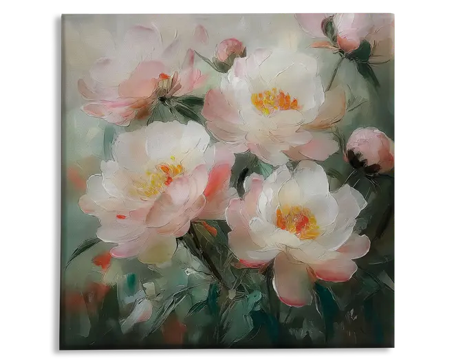 Et maleri med store, blomstrende pæoner med bløde, lagdelte kronblade i nuancer af hvid, sart rosa og strejf af fersken. Blomsterne har markante gule og orange midter, omgivet af grønt løv og uåbnede knopper. Penselstrøgene er synlige, hvilket giver kunstværket en tekstureret, impressionistisk fornemmelse. Baggrunden er en afdæmpet blanding af grønne og grå nuancer, som får blomstens sarte farver til at træde frem.