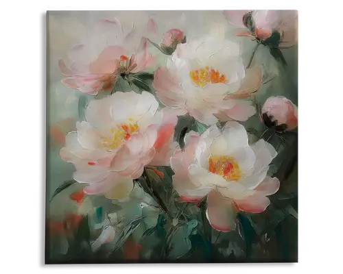 Et maleri med store, blomstrende pæoner med bløde, lagdelte kronblade i nuancer af hvid, sart rosa og strejf af fersken. Blomsterne har markante gule og orange midter, omgivet af grønt løv og uåbnede knopper. Penselstrøgene er synlige, hvilket giver kunstværket en tekstureret, impressionistisk fornemmelse. Baggrunden er en afdæmpet blanding af grønne og grå nuancer, som får blomstens sarte farver til at træde frem.