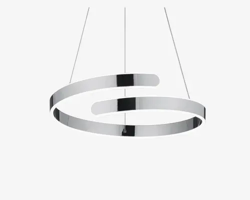 Moderne pendellampe med spiralformet design bestående af to koncentriske metalbånd med kromfinish. Båndene hænger fra loftet i tynde wirer og en central stang, hvilket giver et svævende udtryk. Lampen har integreret LED-belysning langs båndenes inderside, hvilket sikrer jævn belysning og et stilrent, moderne udseende.