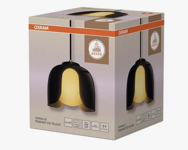 Emballagen viser en moderne pendellampe med en sort, kronbladformet glasskærm og en varm gul inderside. Den har en tekstilkabel og er kompatibel med E27-pærer op til 15W LED. Æsken fremhæver 5 års garanti og indeholder ikoner for glasmateriale og tekstilkabel.