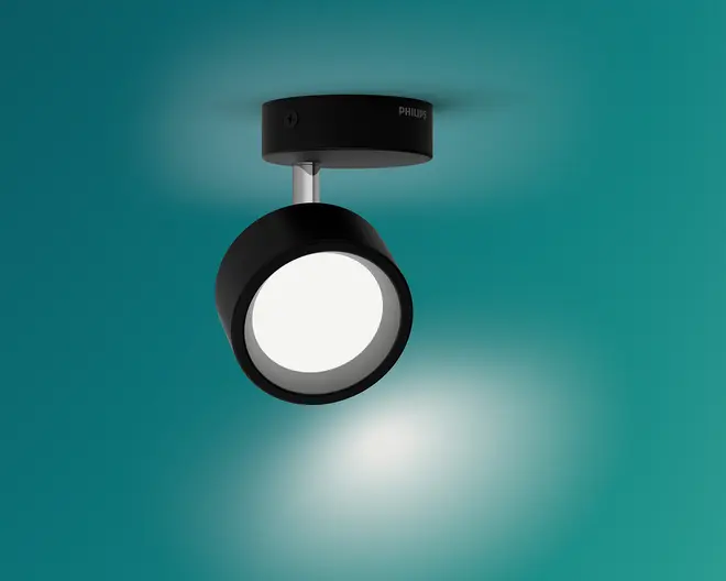 Sort loftspot med rund hvid diffuser, monteret på en kort sølvfarvet stang og en matchende sort loftsbase, vist tændt mod en turkis baggrund.