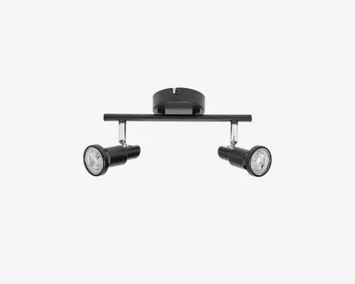 Loftmonteret lampearmatur med to justerbare cylindriske spotlys i mat sort finish. Spotlysene er fastgjort til en vandret stang med kromdetaljer, hvilket giver mulighed for retningsbestemt belysning. Armaturet har et moderne, minimalistisk design, der passer til nutidige indretninger.