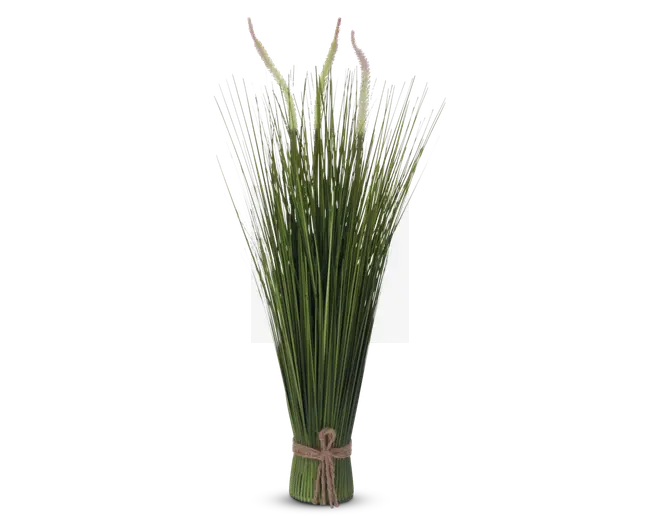 Et bundt lange, slanke græsagtige grønne stilke bundet sammen nederst med en naturfarvet snor. Stilkenes toppe spreder sig udad og har små, fine hvide detaljer, der ligner små blomster eller frø. Udtrykket er naturligt og minimalistisk, velegnet til dekorative arrangementer.