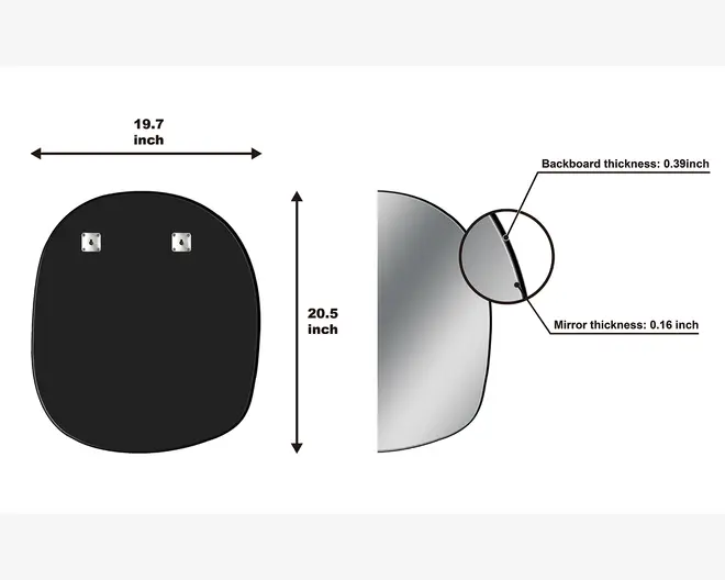 Billedet viser et afrundet, rektangulært objekt med en bredde på 19,7 tommer og en højde på 20,5 tommer. Bagsiden har to metalbeslag til ophængning på væggen. Et tværsnit fra siden fremhæver materialetykkelserne: bagpladen er 0,39 tommer tyk, og frontlaget er 0,16 tommer tykt. Objektet har en glat, buet form og en flad bagside til montering.