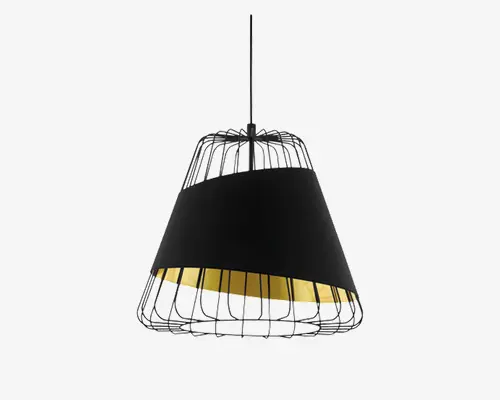 Loftlampe med moderne design, der har en sort metalskærm omkring en trådramme. Skærmens inderside er gylden, hvilket giver et varmt, reflekterende udtryk. Lampen hænger fra en lige stang og har en åben bund for direkte nedadgående lys.