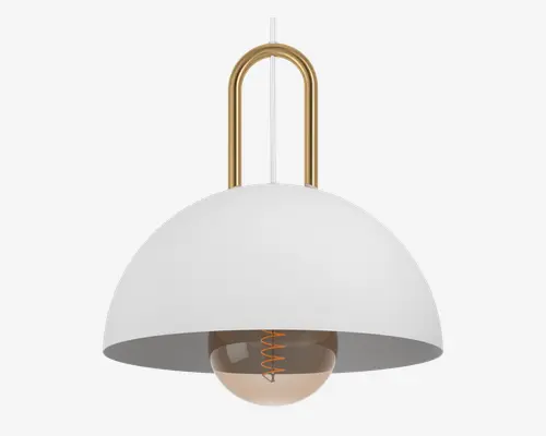 Hængelampe med en glat, mat hvid metalskærm i kuppelform. Lampen er ophængt i to buede, guldfarvede metalstænger, der danner en bue over skærmen. Pæren er synlig under skærmen og har en dekorativ glødetråd indeni, hvilket giver et moderne og stilfuldt udtryk.